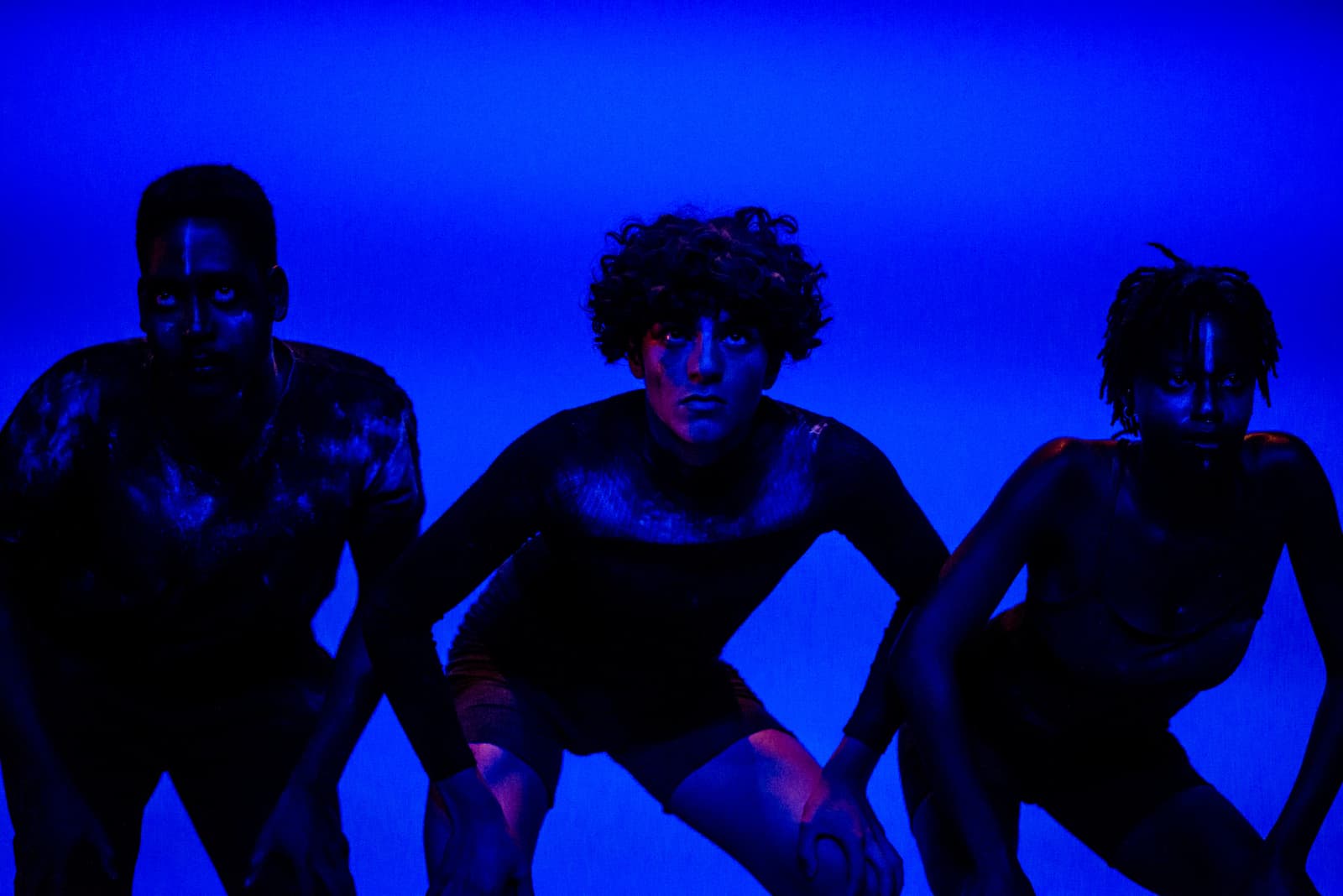Three dancers positioned in a low, wide stance against a vibrant solid blue background. All subjects are wearing dark, form-fitting performance attire. Their bodies are angled forward, and they are illuminated by strong, cool-toned lighting that creates deep shadows across their faces and limbs.